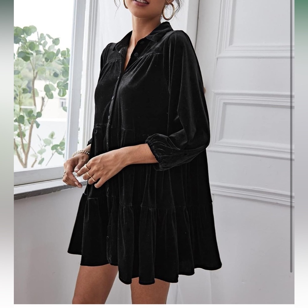 NWOT Black Boutique Smock Dress Crushed Black Velvet Sz Small Button Down V-Neck - Picture 1 of 10